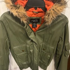 Rue 21 green bomber jacket with fur hood